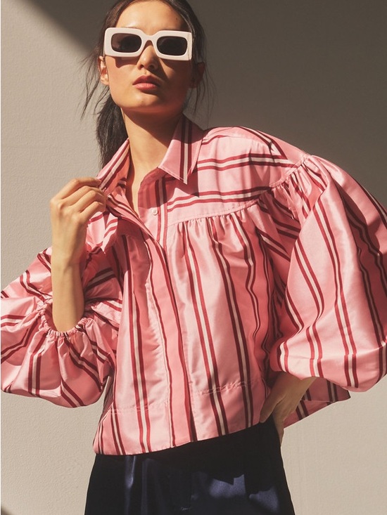 Anthropologie Tops - Pernille Rosenkilde for Anthropologie Puff-Sleeve Cropped Blouse, Pink Stripe, S